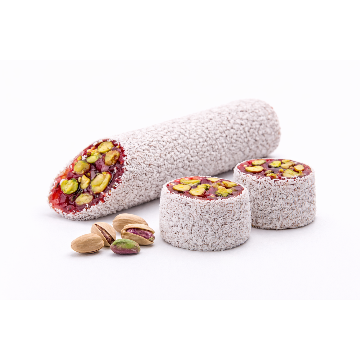 Kokosnuss-Granatapfel-Pistazien-Streifenlokum